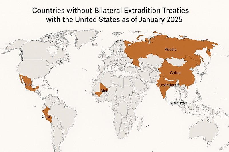 World map highlighting countries without bilateral extradition treaties with the United States, emphasizing legal complexities for international criminal defense.