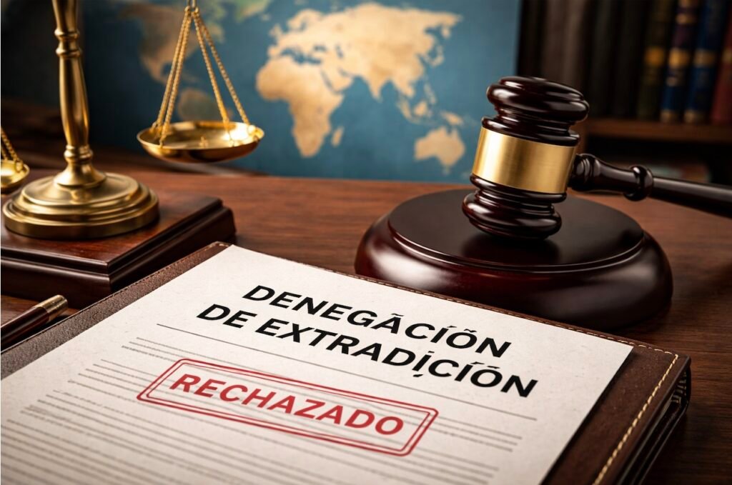 Motivos de denegación de extradición en derecho internacional con mazo judicial y documento rechazado