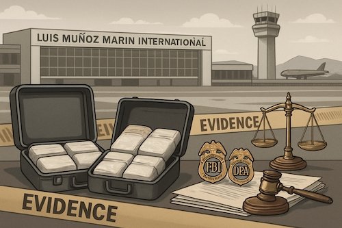 Ilustración que muestra el Aeropuerto Internacional Luis Muñoz Marín con maletas y paquetes blancos, cinta de evidencia policial y símbolos legales, representando una investigación federal por tráfico de cocaína y la presunción de inocencia.