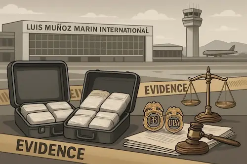 Cargos Federales: Tráfico de Cocaína en el Aeropuerto Luis Muñoz Marín 2 Ilustración que muestra el Aeropuerto Internacional Luis Muñoz Marín con maletas y paquetes blancos, cinta de evidencia policial y símbolos legales, representando una investigación federal por tráfico de cocaína y la presunción de inocencia.