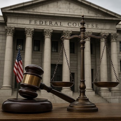 Federal criminal defense attorney concept: gavel, scales of justice, and U.S. courthouse representing legal protection in Boston, SDNY, and SDFL.