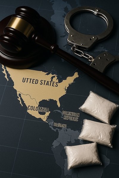 Mapa de América mostrando Estados Unidos, Colombia y República Dominicana, junto a una maza de juez, esposas metálicas y bolsas blancas representando droga.