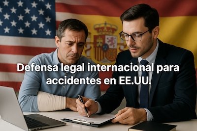 Dos personas en una reunión legal, con banderas de Estados Unidos y España de fondo, y texto que dice: "Defensa legal internacional para accidentes en EE.UU."