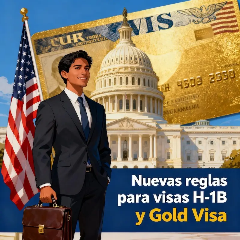 Trump propone nuevas tasas históricas para H-1B y lanza "Trump Gold Visa": ¿Qué significa esto para los solicitantes españoles? 1 Persona profesional hispana con maletín y bandera de EE.UU. frente al Capitolio y tarjeta dorada de visa, con texto en español sobre nuevas reglas de visas H-1B y Gold Visa.