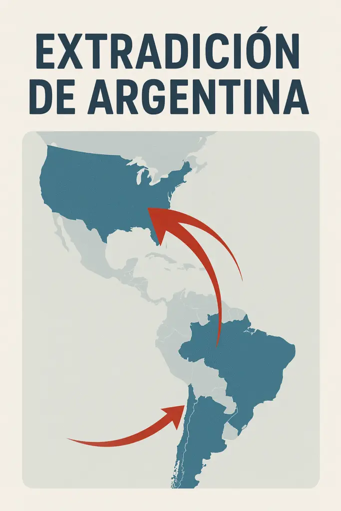 Fred Machado y la Extradición a EE.UU.: Desafíos Legales y Defensa Penal Especializada 1 Mapa de América con flechas rojas que muestran la extradición desde Argentina hacia Estados Unidos.