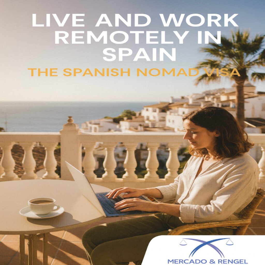 The Spanish Nomad Visa — Your Gateway to Living and Working Remotely in Spain 1 Person working remotely on a laptop overlooking the Mediterranean coast in Spain, symbolizing the freedom offered by the Spanish Digital Nomad Visa for remote workers and freelancers.