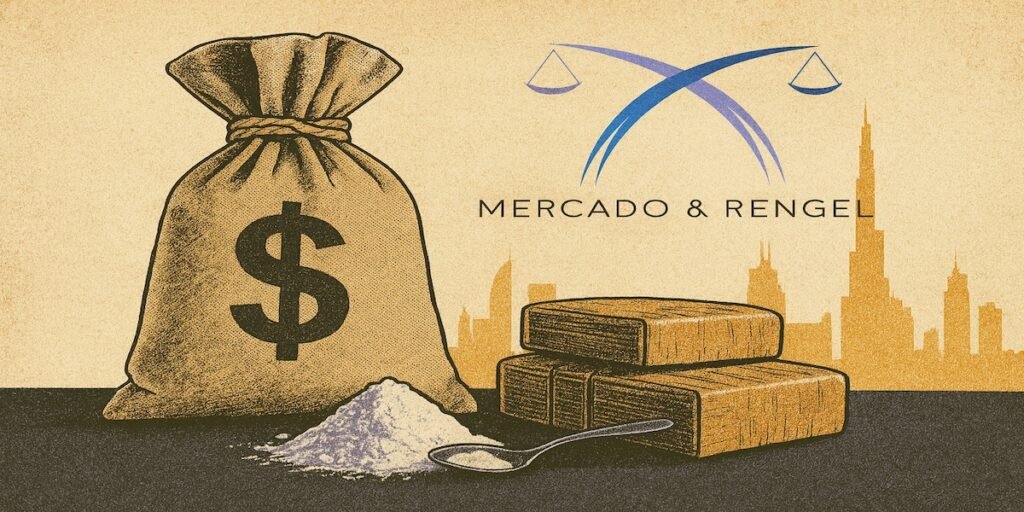 Ilustración editorial sobre el refugio para narcotraficantes en Dubái, mostrando símbolos de finanzas ilícitas frente al skyline de la ciudad en un contexto legal.