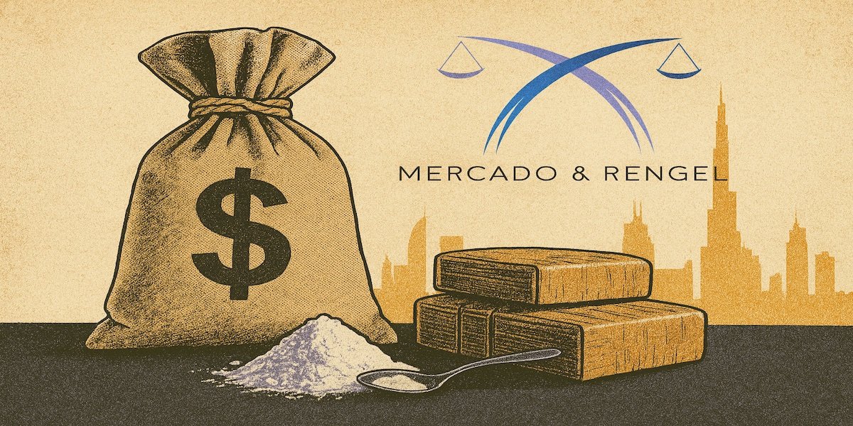 Ilustración editorial sobre el refugio para narcotraficantes en Dubái, mostrando símbolos de finanzas ilícitas frente al skyline de la ciudad en un contexto legal.